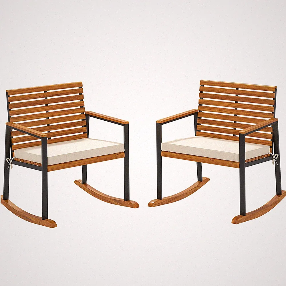2 Piece Acacia Wood Outdoor Rocking Chairs Patio Porch Set