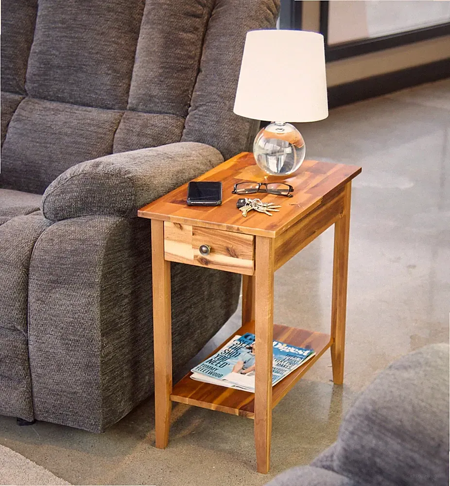 2-Tier Solid Acacia Recliner Table w/Drawer (Natural) Natural
