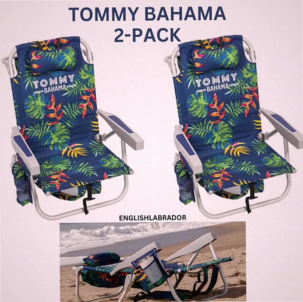 2 Tommy Bahama 5-position Lay Flat Folding Beach Chairs, Green Leaves NEW