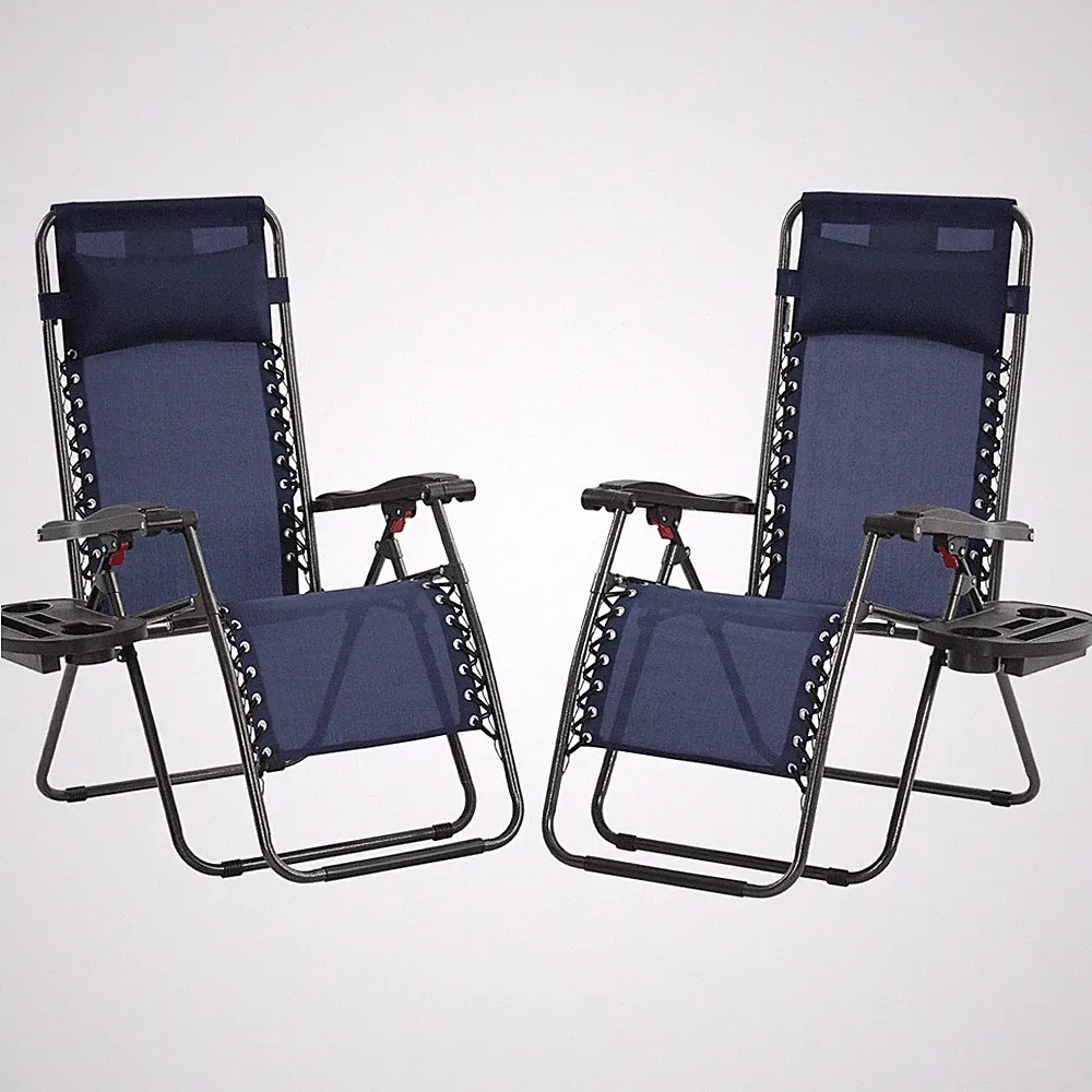 26in Outdoor Zero Gravity Recliners W/ Cupholder Set of 2 Navy Blue