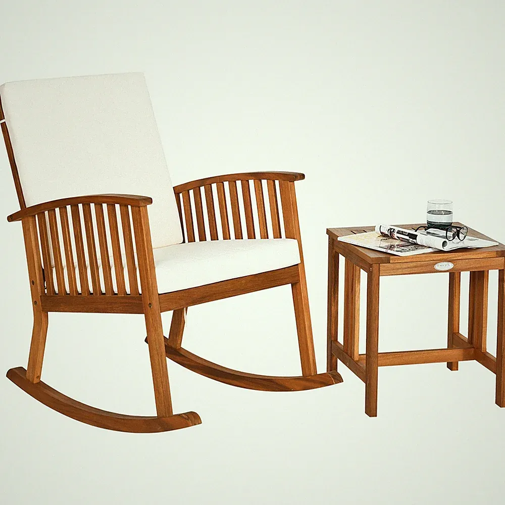 2PCS Acacia Wood Patio Rocking Chair Table Set Rocker Cushioned Coffee Table