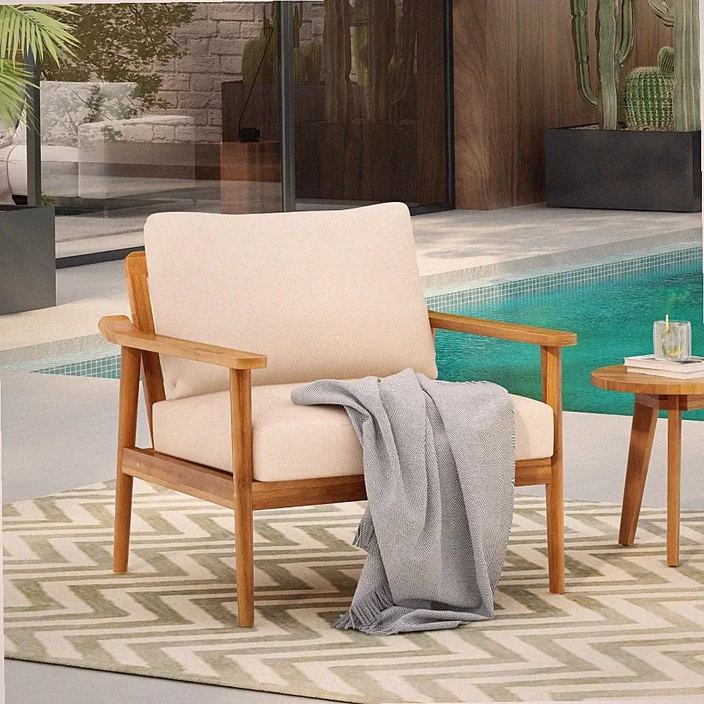 30.5" Mid Century Modern Outdoor Lounge Chair Acacia Wood Waterproof Cushion