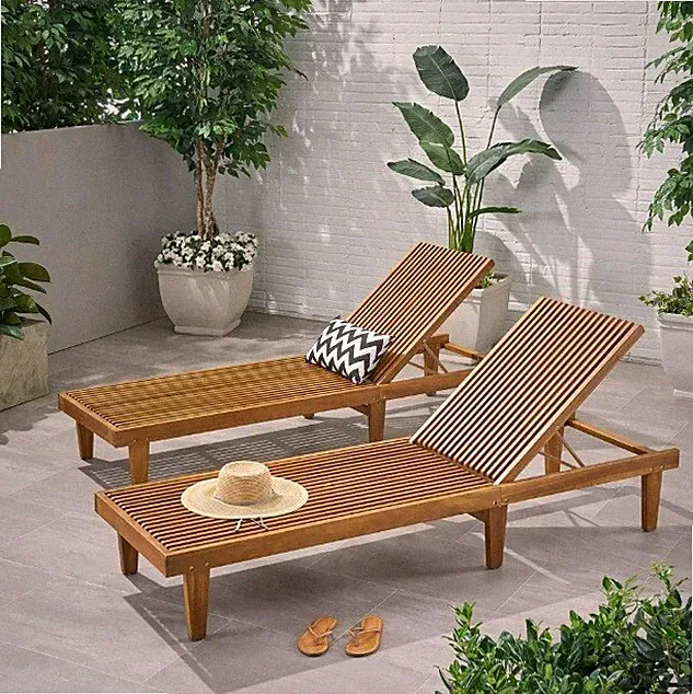 Acacia Chaise Lounge Seats Recline Wood Wooden Slatted Chair Resort Living Patio