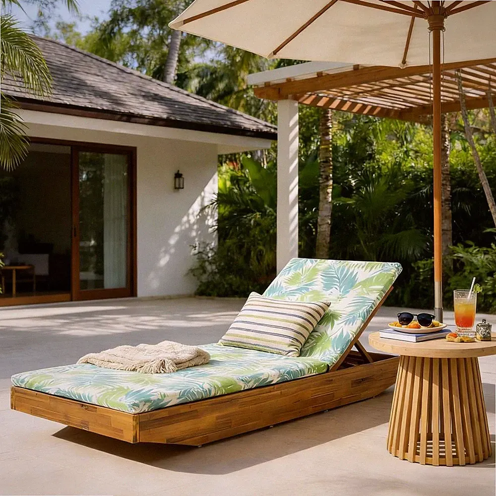 Acacia Wood Chaise Lounge w/ Cushion, Teak Finish Outdoor Recliner