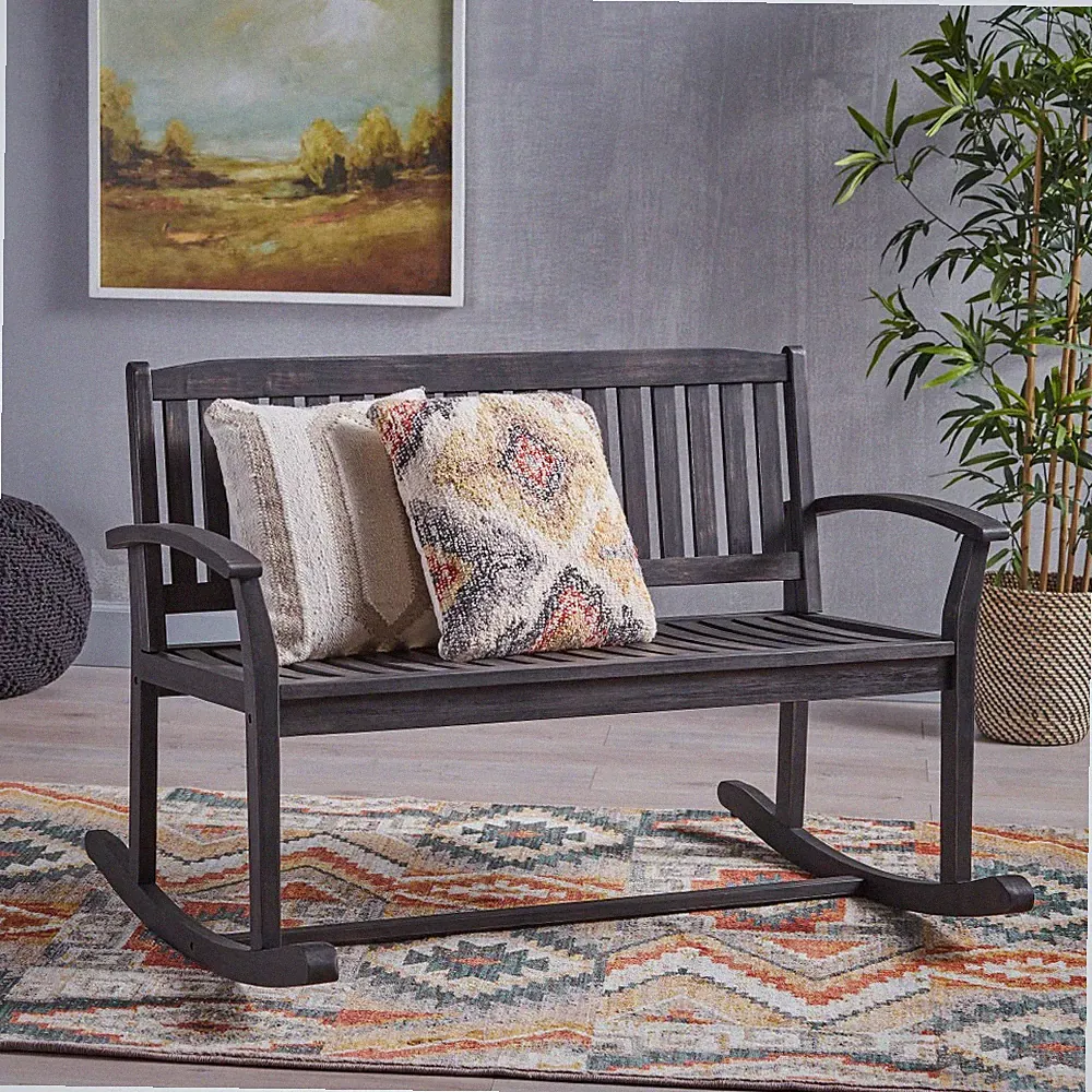 Acacia Wood GREY Patio Rocking Loveseat (2-Person) - Armrests, Slatted Seat