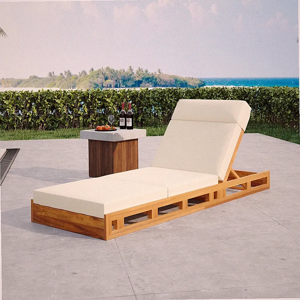 Acacia Wood Outdoor Chaise Lounge Chair, Adjustable Headrest & Cushion