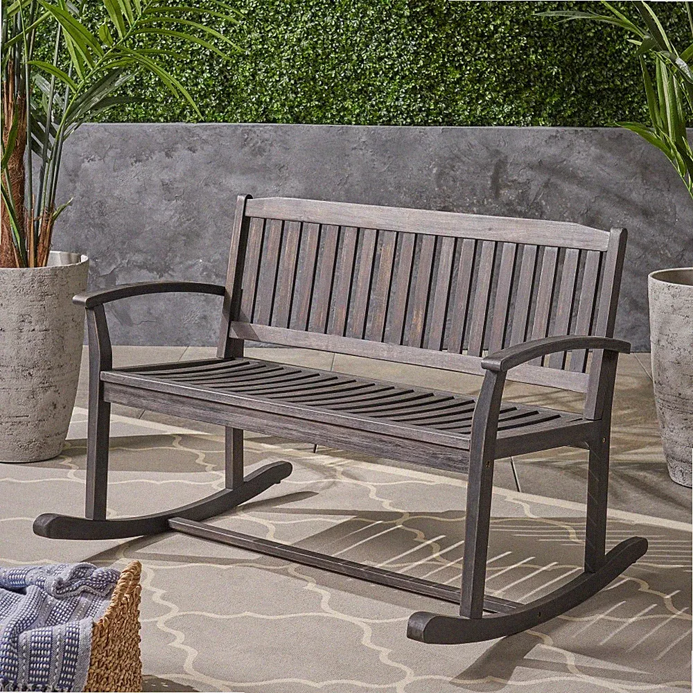 Acacia Wood Patio Rocking GREY Loveseat (2-Person) - Armrests, Slatted Seat