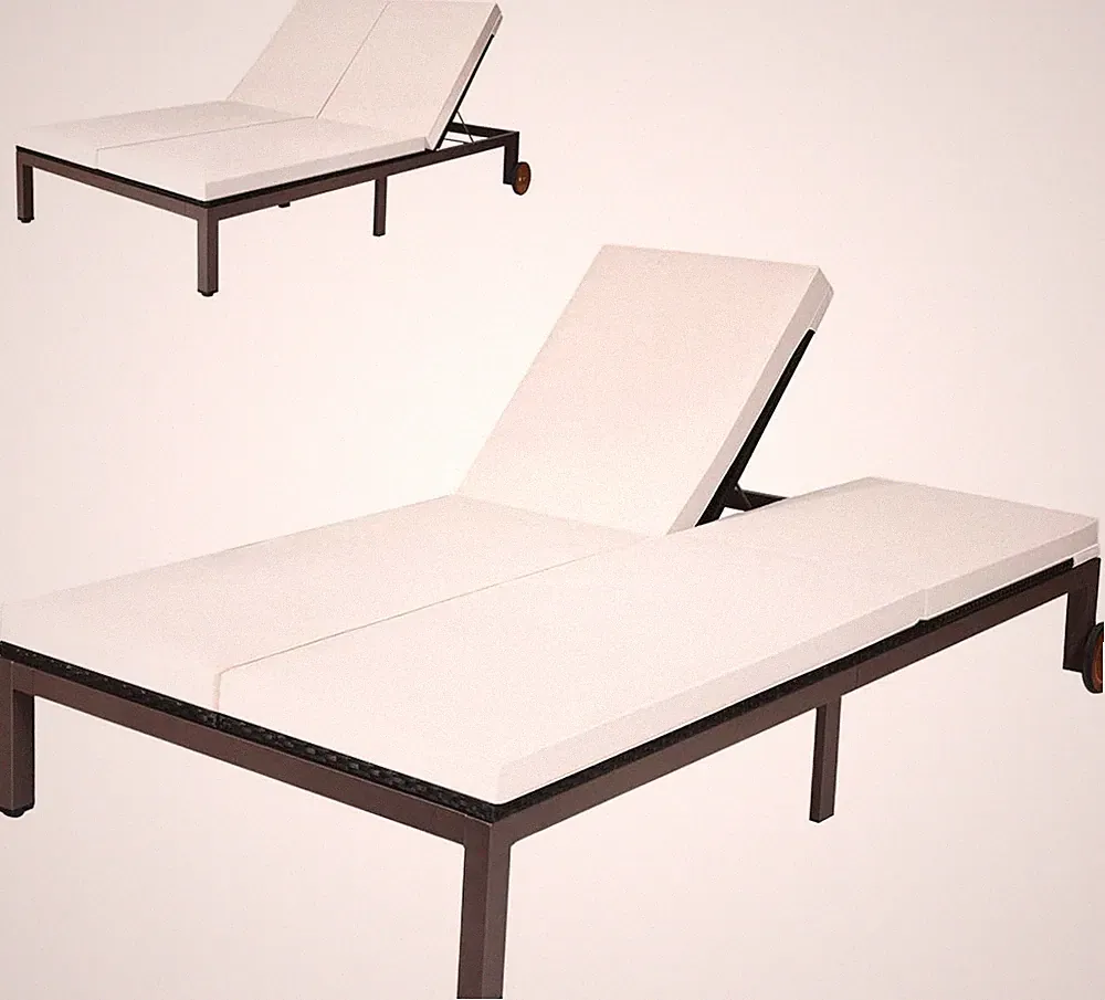 Adjustable Cream Rattan Double Lounge Chair with Wheels for Outdoor Relaxation