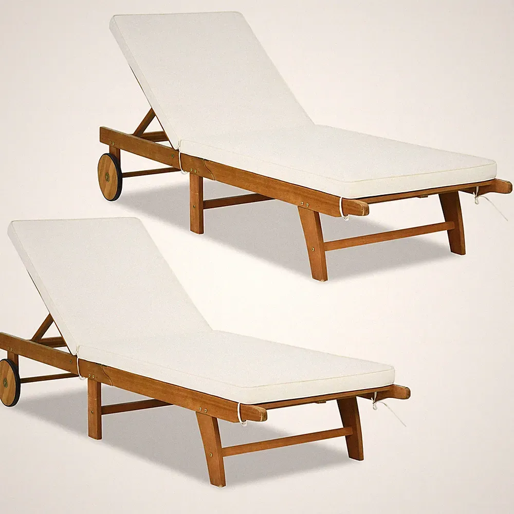 Costway 2PCS Patio Acacia Wood Lounge Chair Chaise Recliner Adjustable Backrest