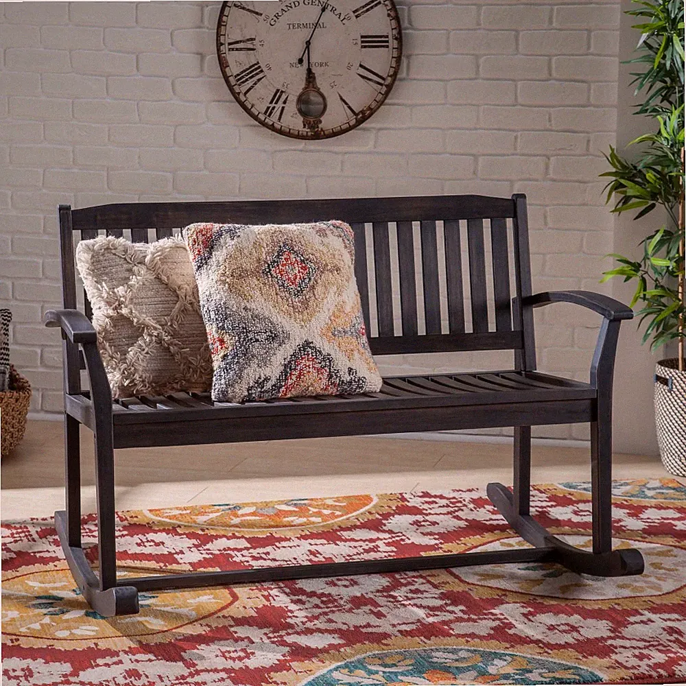Acacia Wood Patio Rocking Loveseat (2-Person) - Armrests, Slatted Seat GREY