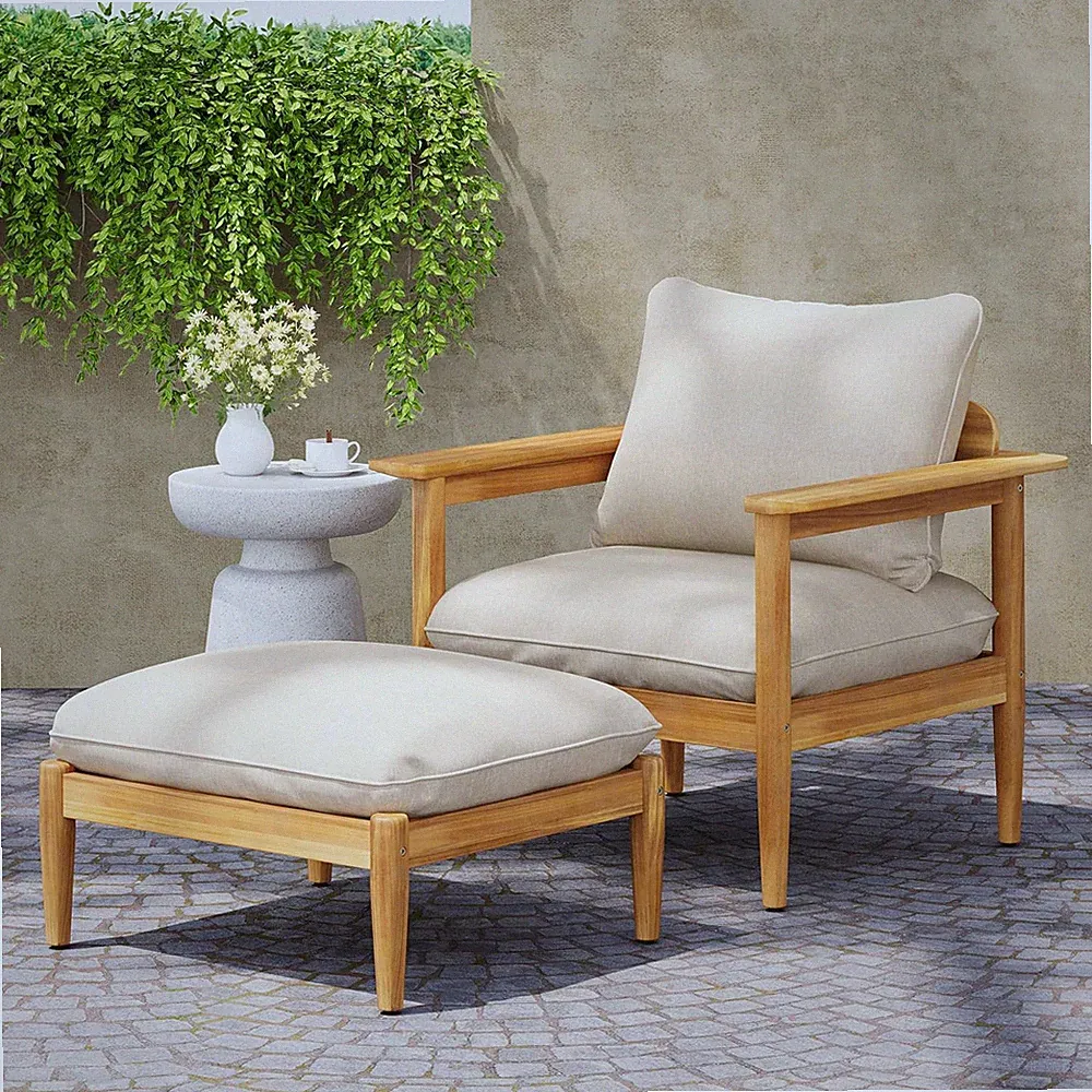 Ordel Acacia Wood Patio Accent Chair with Ottoman Footrest, Wooden Lounge Chair