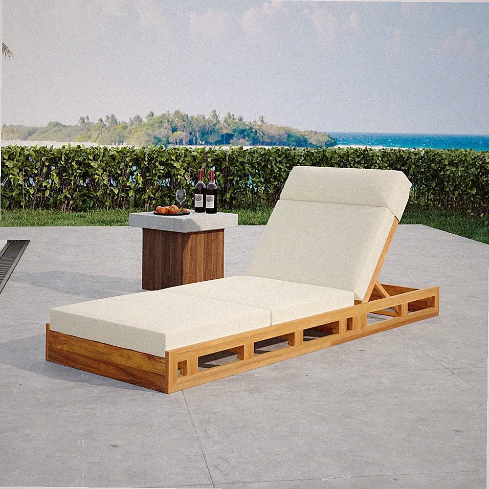 Outdoor Chaise Lounge Adjustable Headrest, Acacia Wood, Water Resistant Cushion