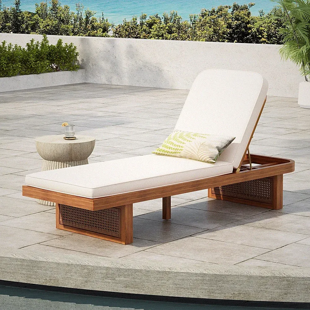 Outdoor Lounge Chair Honey Locust Wood and PE Rattan Design With White Cushion