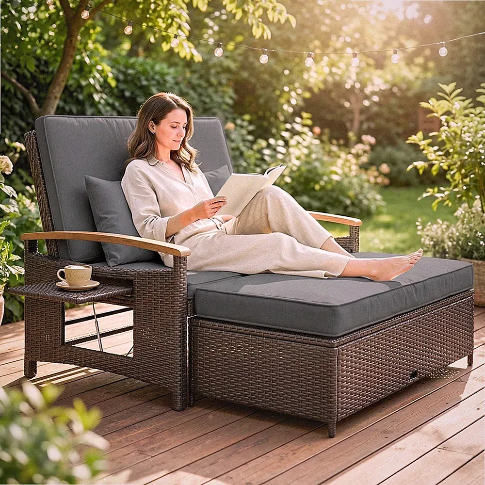 Outsunny Rattan Outdoor Daybed w/4-Level Adjustable Backrest, Mixed Gray