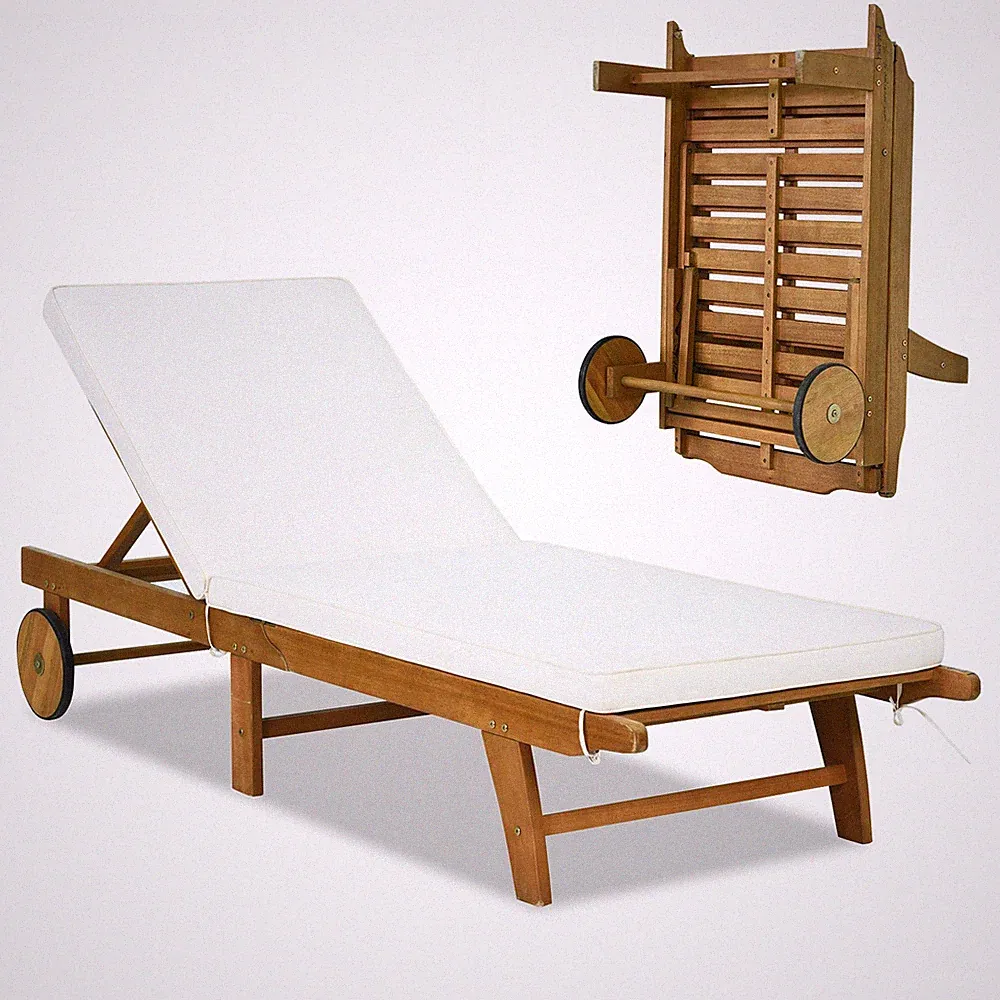 Patio Acacia Wood Lounge Chair Chaise Recliner Adjustable Backrest Cushion Wheel