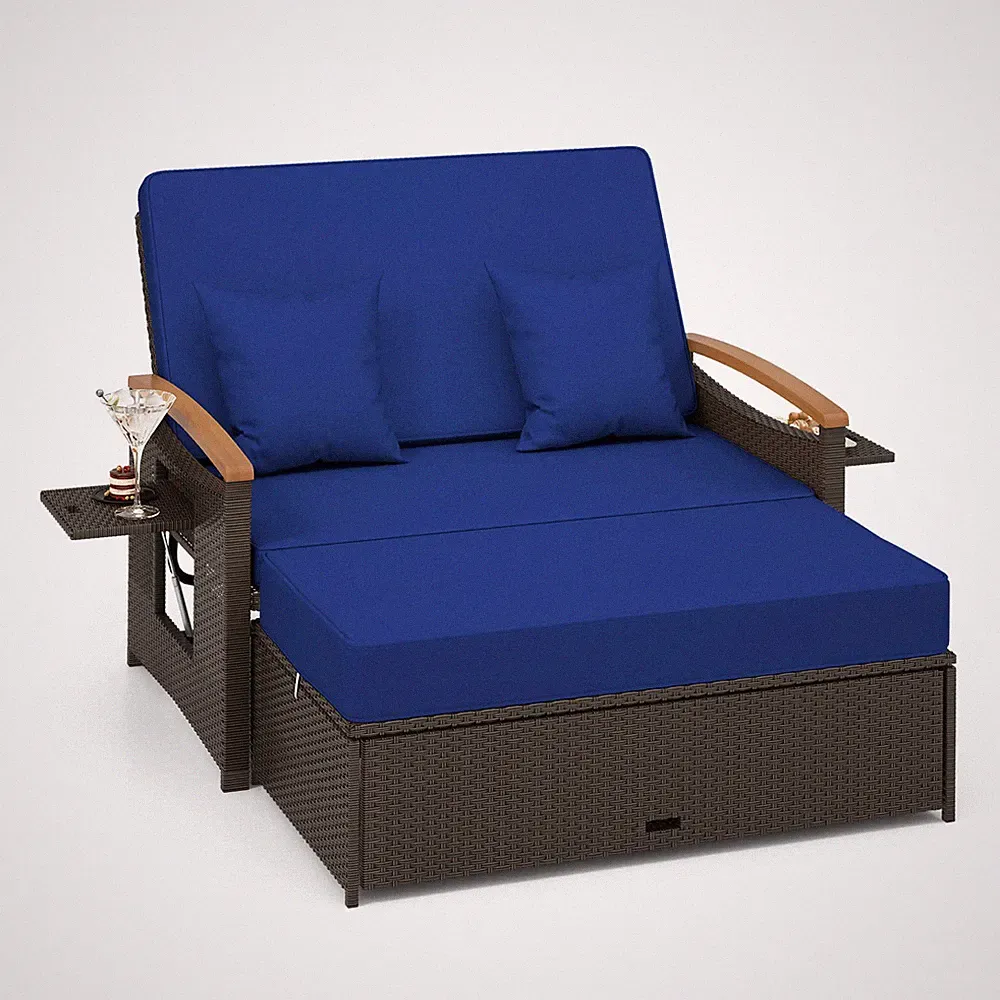 Rattan Daybed Set w/ 4-Level Adjustable Backrest & Retractable Side Trays Navy