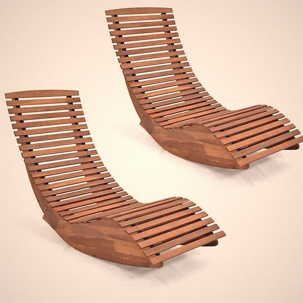 Set of 2 Acacia Wood Patio Chaise Lounge Chair Outdoor Rocking Chair w/ Slatted