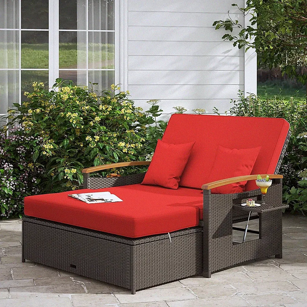 Stylish Red Rattan Daybed with Storage Ottoman & Adjustable Backrest